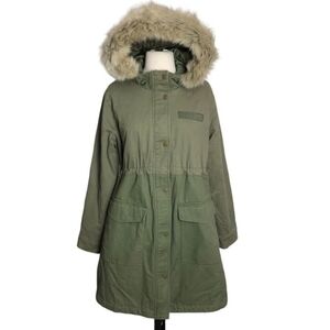 GAP Womens Dark Olive Green Faux Fur Hooded Parka Jacket Size Medium